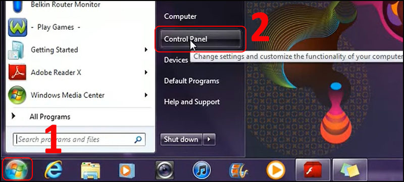  Chọn biểu tượng Start > Vào Control Panel.